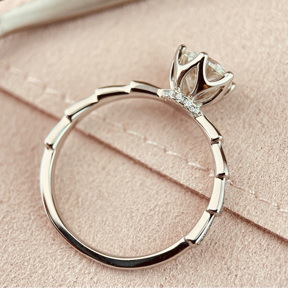 Solitaire Hidden Halo Paved Band Engagement Ring S925 Moissanite 18k Gold Plated - Picture 6 of 7
